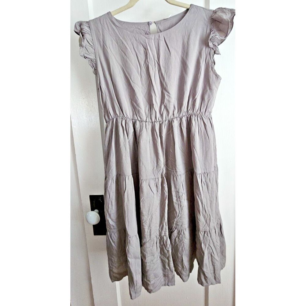 NWT KALEEJOY grey ruffle cap sleevesβ tiered dress gray women Sz S